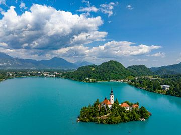Het meer van Bled met het eiland van Bled in Slovenië tijdens de lente van Sjoerd van der Wal Fotografie