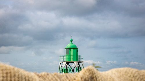 Het groene lichtbaken van Stavoren met op de voorgrond een detail van een visnet.