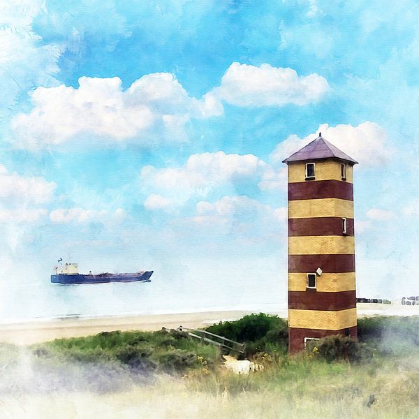 Watercolour image of Kaapduinen lighthouse, Dishoek, Walheren, Zeeland by Danny de Klerk