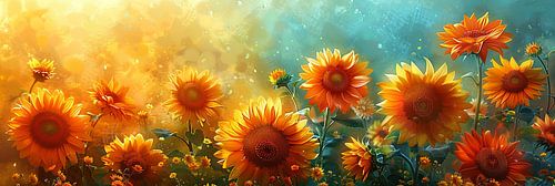 Heldere zonnebloemen koesteren zich in de stralende zon