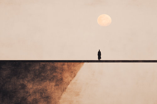 Un homme sous la pleine lune dans un paysage minimaliste aux tons beiges sur Eva Lee