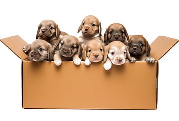 many small puppies in a cardboard box on a white background by Animaflora PicsStock