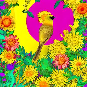 Garden of Eden VI - Oiseau d'or avec des fleurs sur Lily van Riemsdijk - Art Prints with Color