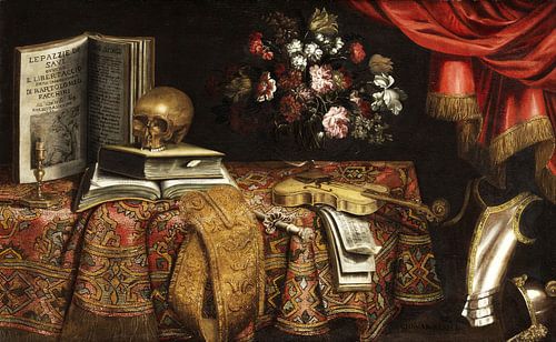 Vanitas-Still-leven met viool, Score, Bloemenvaas en een Schedel, Pierfrancesco Cittadini