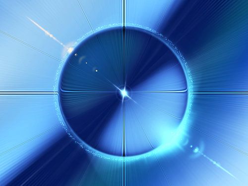 Blue Eden – Abstracte Blauwe Kunst met Lichtgevende Cirkel en Stralende Lijnen