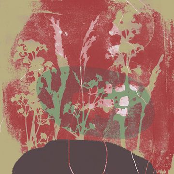 Abstract Retro Botanisch. Bloemen, planten en bladeren in rood, beige, groen, bruin van Dina Dankers