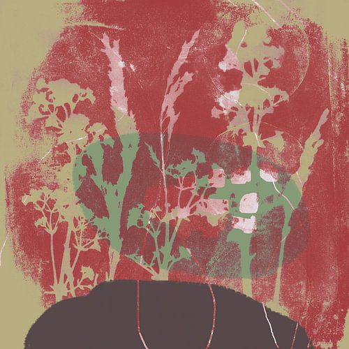 Abstract Retro Botanical. Flowers, plants and leaves in red, beige, green, brown by Dina Dankers