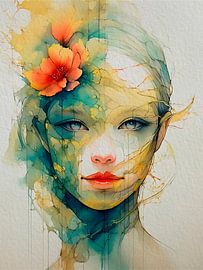 Modernes Porträt einer Frau mit orangefarbener Blume im Haar.