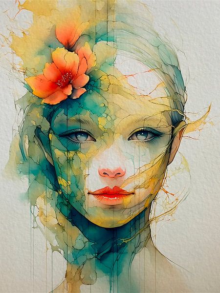 Modernes Porträt einer Frau mit orangefarbener Blume im Haar. von Studio Pieternel