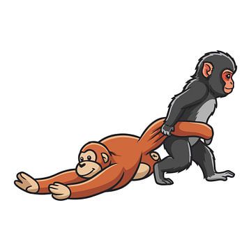 Speelse aap sleept vriend aan staart Cartoonillustratie van Clay Artista