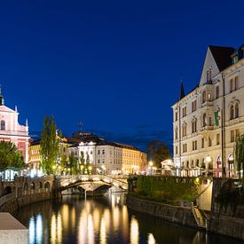 Ljubljana, de rivier Ljubljanica en de Drievoudige Brug bij Nacht van Robert Ruidl