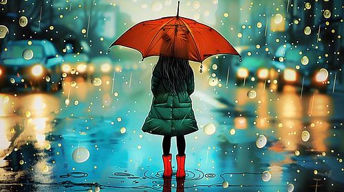 Girl with umbrella and red boots in the rain