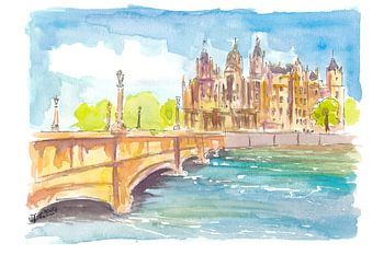 Schwerin Deutschland Schlossansicht Aquarell Szene im Nachmittagslicht