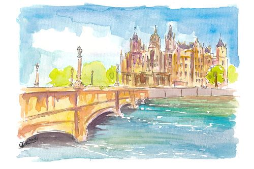 Schwerin Germany castle view watercolour scene in the afternoon light