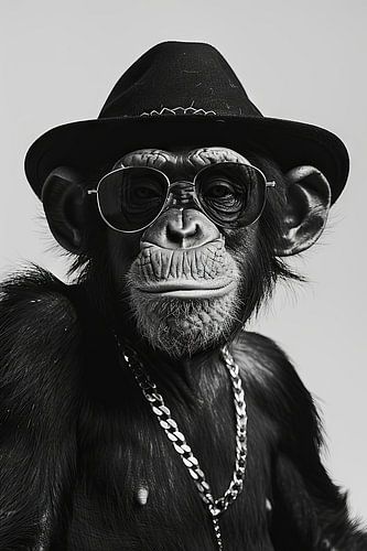 Portret van een chimpansee met hoed en bril