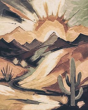 Sun, mountains and cacti in Vintage poster style by Anna Marie de Klerk