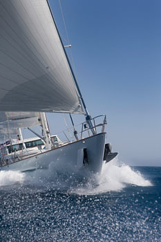 Super yacht in full action on the Mediterranean. Splashing water