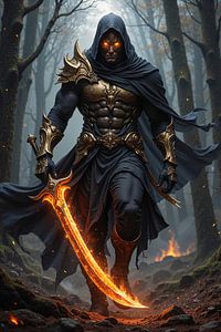 Dark Fantasy Wandbild: VORCYNTH – Ein dämonischer Schwertkämpfer durchquert einen Wald