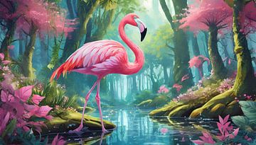 Flamingo stands in a magical fairytale forest by Animaflora PicsStock