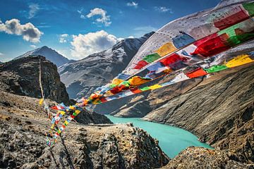 De gebedsvlaggetjes wapperen in de bergen, Tibet van Rietje Bulthuis