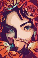 Blumenmädchen mit schönen blauen Augen im Pop-Art-Stil