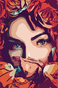 Blumenmädchen mit schönen blauen Augen im Pop-Art-Stil