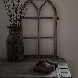 Rural still life with stable window, willow catkins and wooden clogs by Mayra Pama-Luiten