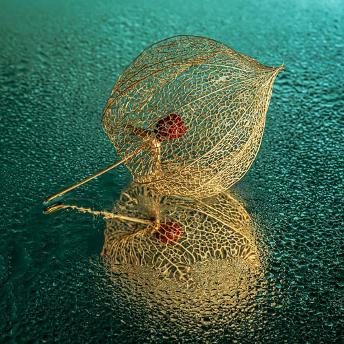 Square with gold lantern mirrored with turquoise - petrol background by Marjolijn van den Berg