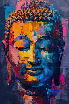Abstract en kleurrijk Boeddha hoofd schilderij van De Muurdecoratie