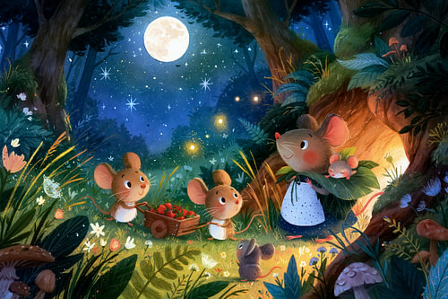 Magical forest animals in the moonlight, featuring a fox, mice and fireflies