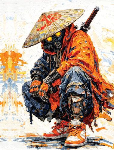 Krachtig Cyber Samurai Neon Palet Mes Impasto Portret