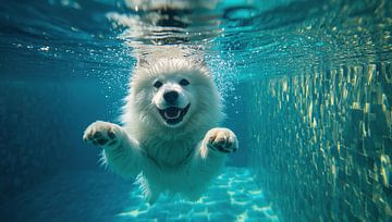 Le samoyède plonge sous l'eau sur Bo Valentino