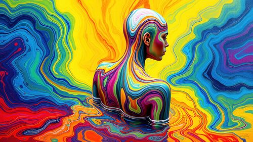 Vrouw rijst op uit de zee van kleuren - bodypainting in de stromende stroom van regenboogenergieën tussen lichaam, ontbinding en wederopstanding