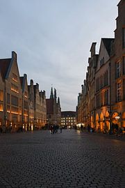 Muenster, Prinzipalmarkt at dusk, blue hour, illuminated gabled houses, luxury shopping street, Germ by wunderbare Erde