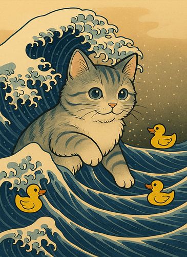 Funny cat on Kanagawa wave with ducks Big Wave