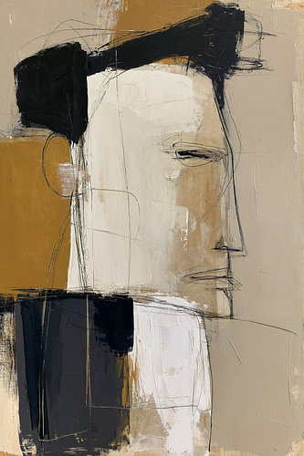 Framed in Stillness III – abstraktes Porträt in Schwarz und Ocker