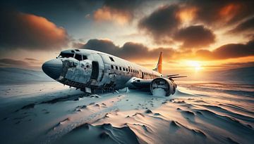 Ein abgestürtztes Flugzeug im Schnee bei Sonnenuntergang von Jonas Weinitschke