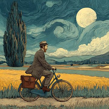 Mann, der über einer sternenübersäten Nacht Rad fährt von Aden Pink Studio