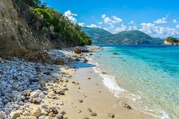 Greece, Zakynthos, Ideal remote white sand beach and turquoise w by adventure-photos
