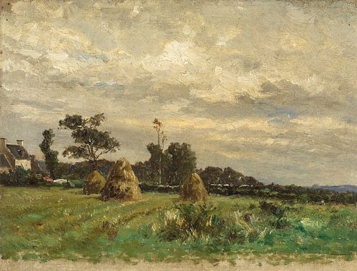 Carlos de Haes-Landschap van hooibergen in landbouwgrond, antiek landschap