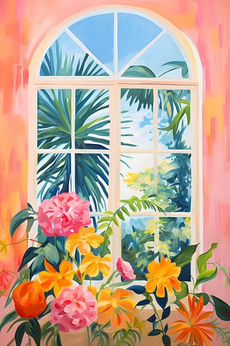 Grande fenêtre colorée avec vue sur l'été