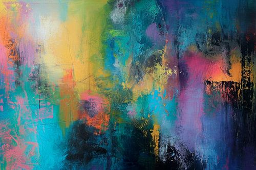 Abstract schilderij, blauw, geel, paars, groen en roze