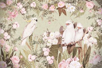White Cockatoos In Vintage Redouté Rose Jungle by Floral Abstractions