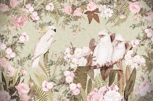 Cacatoès Blancs Dans La Jungle de Roses Redoutées Vintage