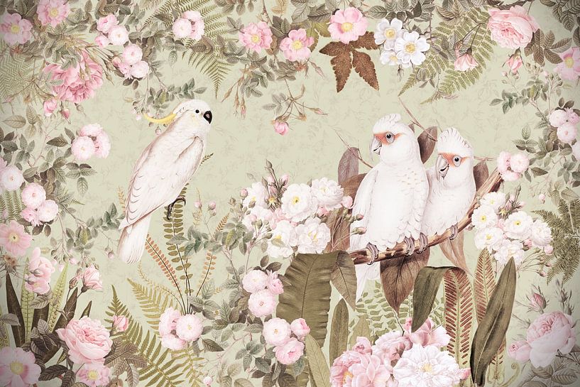 Witte kaketoes in vintage roodroze jungle van Floral Abstractions