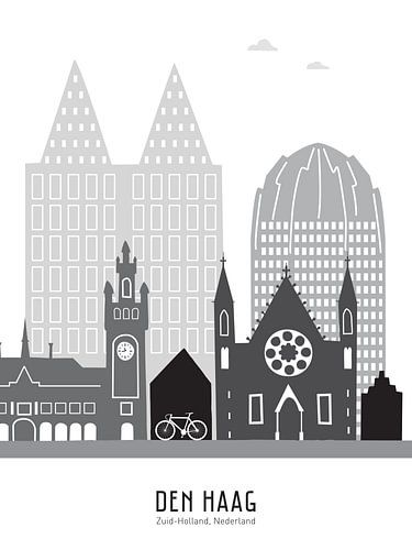 Skyline illustratie stad Den Haag zwart-wit-grijs