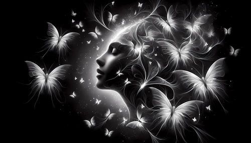 Schwarz-Weiße Göttin der Lichtschmetterlinge - Mystische Kunst