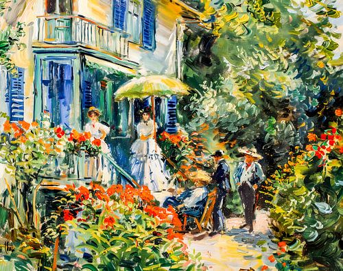 Een groep mensen in de tuin voor een villa