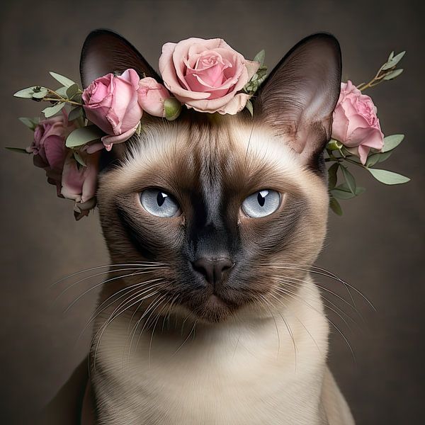 Kunstvolle Katzenfotografie: Siamkatze mit Blumenkranz von Vlindertuin-Art