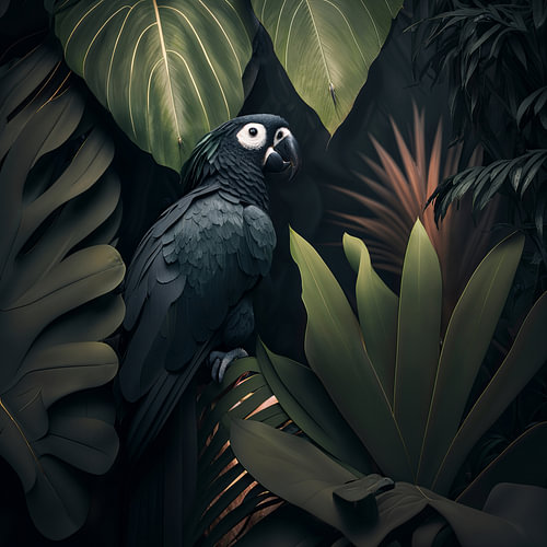 Zwarte papegaai in de tropische jungle